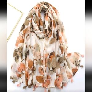 New Brown Tan White Floral Print Long Lightweight Scarf with Tassels